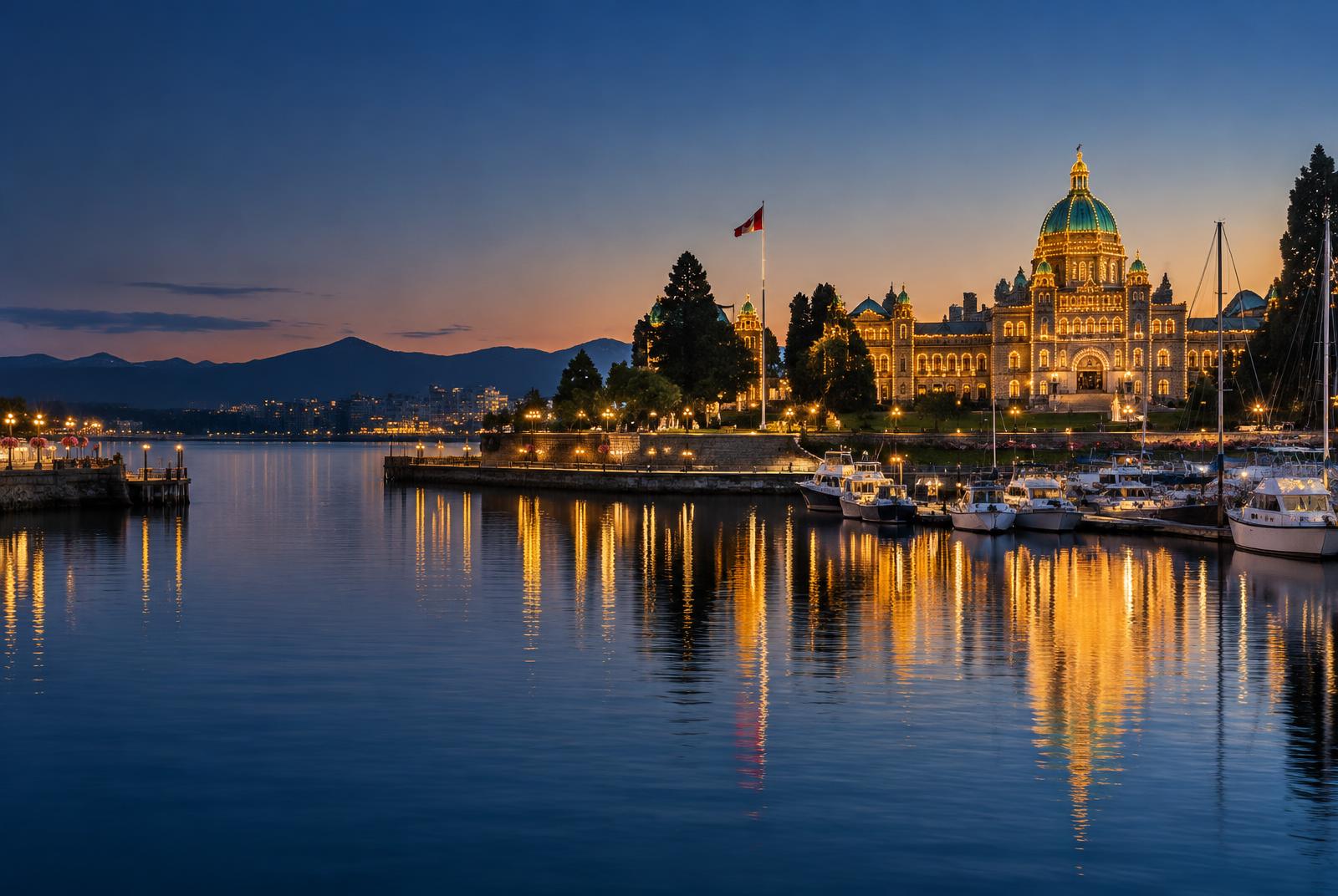 Victoria Inner Harbour illuminated at dusk